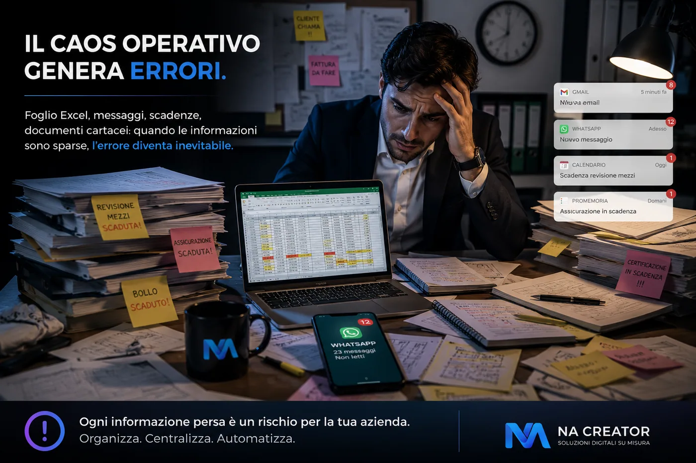 Persona frustrata davanti a un Desktop Windows pieno di file
