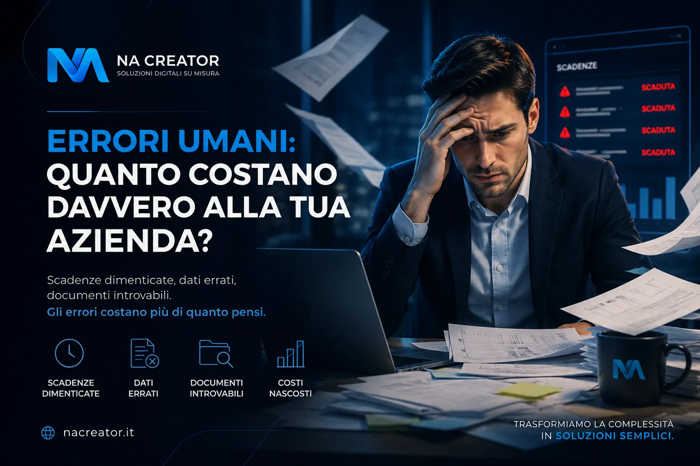 Imprenditore sommerso da documenti e scadenze che rappresentano il costo degli errori umani