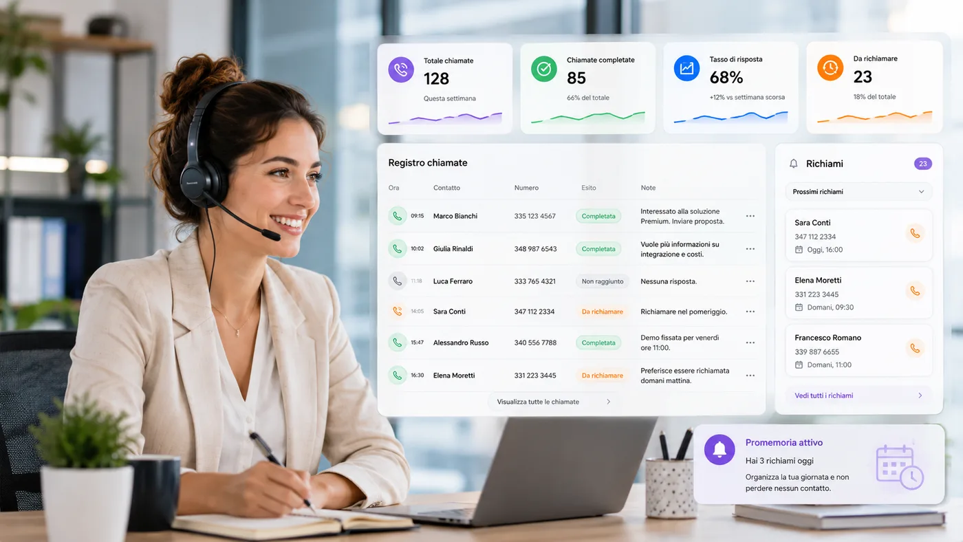 Operatrice che registra chiamate, note e richiami attraverso un software gestionale