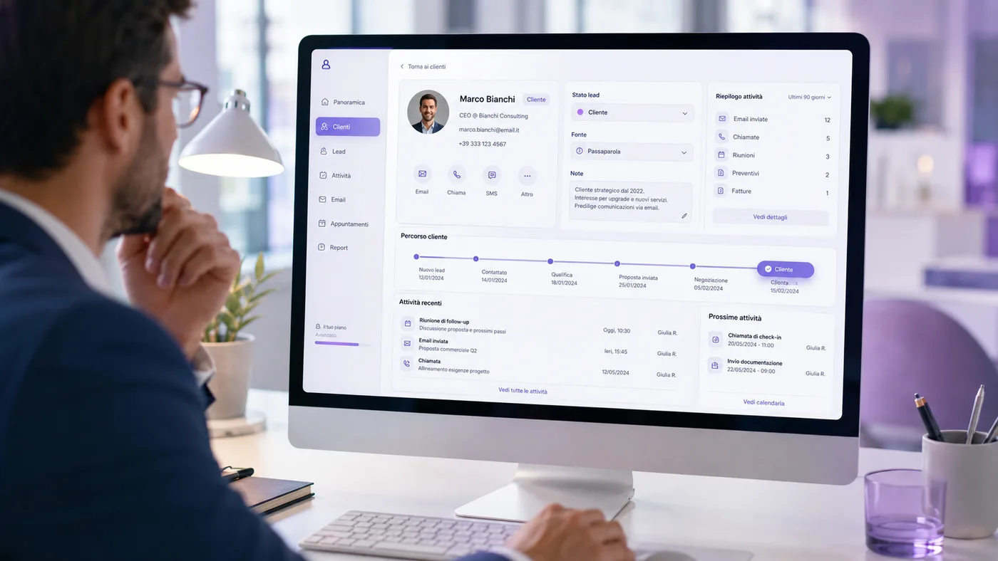 Professionista che consulta una scheda cliente completa in un gestionale digitale