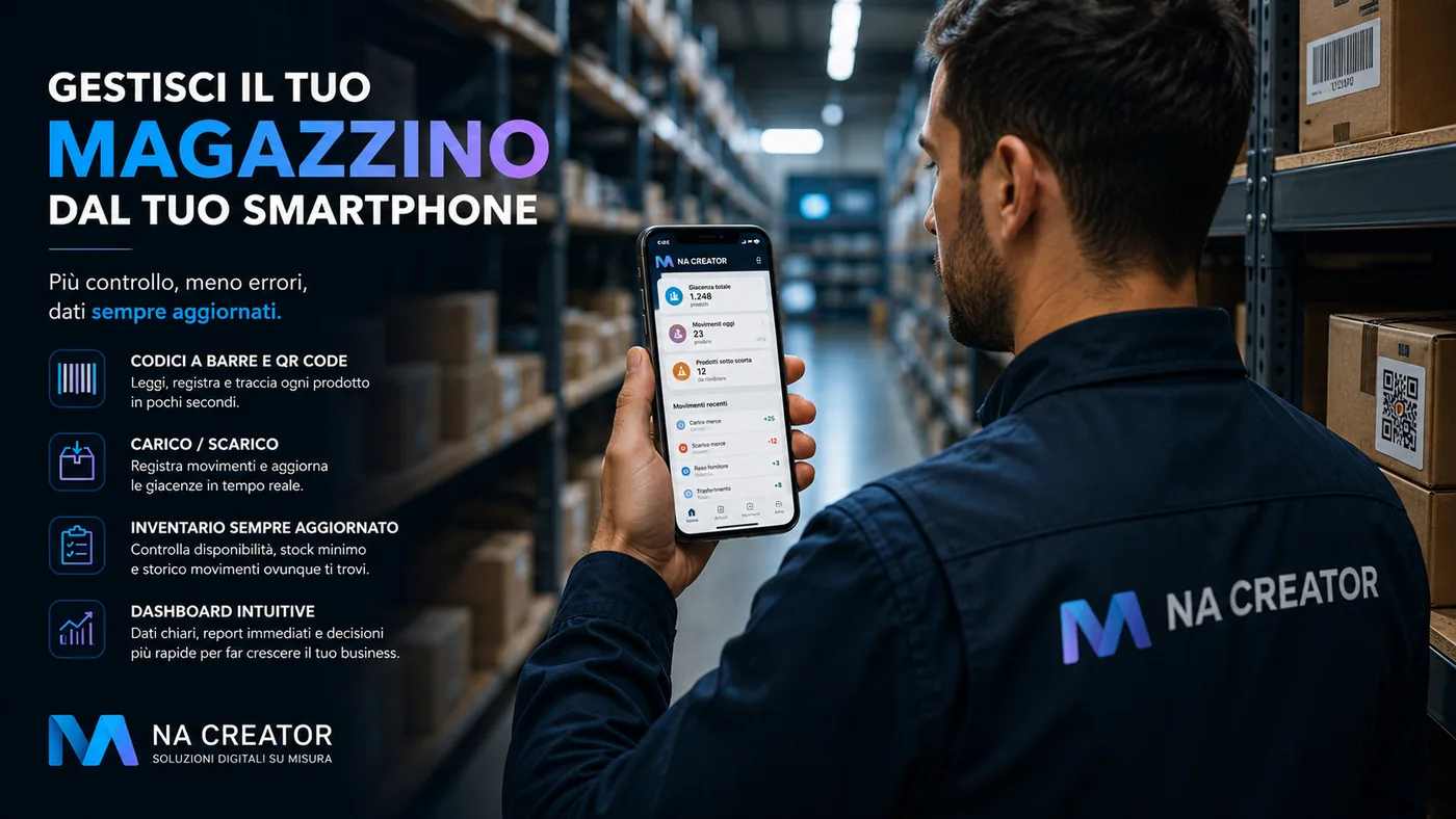 Operatore che utilizza uno smartphone per gestire un magazzino digitale