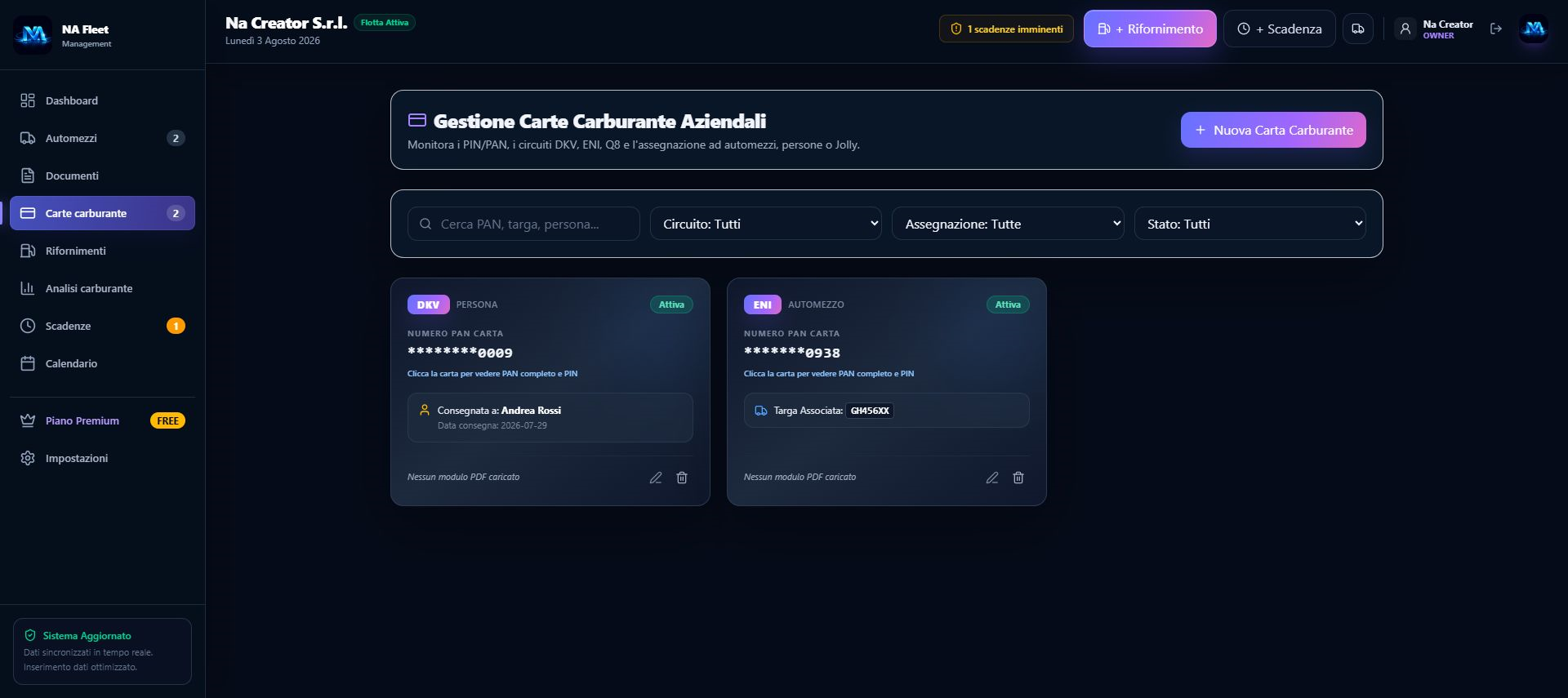 Gestione delle carte carburante aziendali con assegnazioni e stato