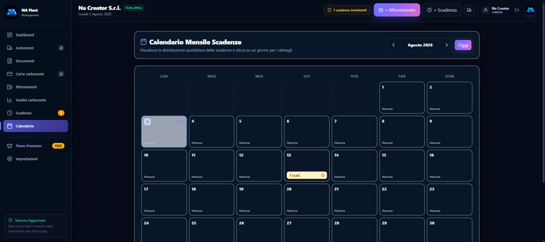 Calendario mensile delle scadenze dei veicoli
