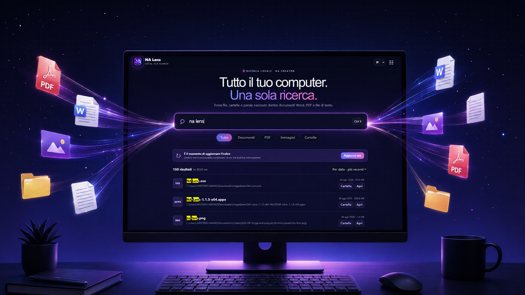 Interfaccia di NA Lens su PC Windows con ricerca locale di file, documenti, PDF, immagini e cartelle