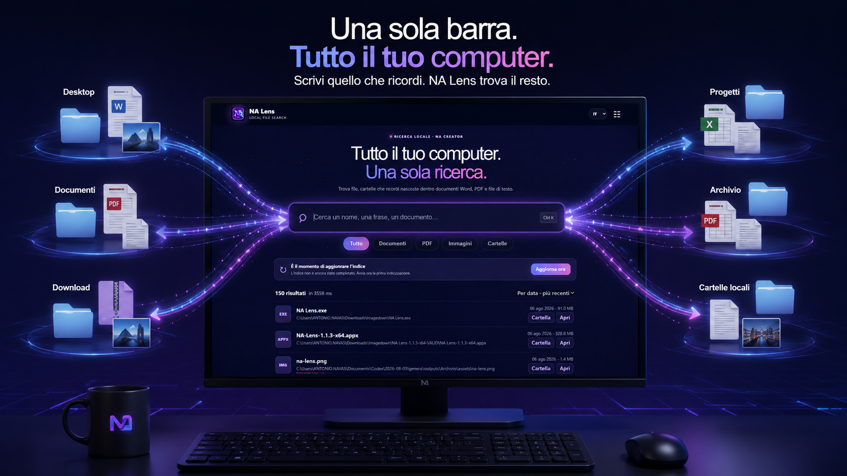 NA Lens come punto centrale di ricerca tra Desktop, Documenti, Download, Progetti, Archivio e cartelle locali