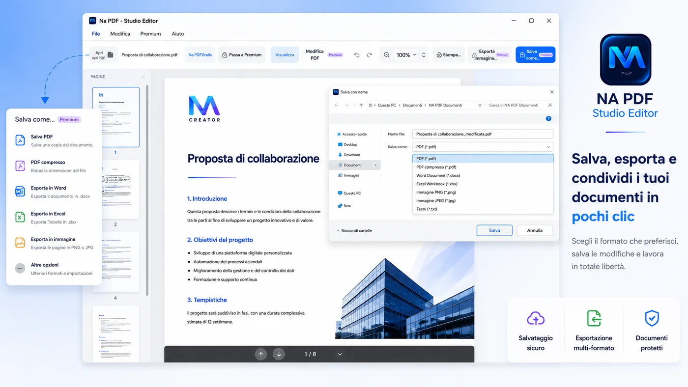 Salvataggio ed esportazione di un PDF con NA PDF - Studio Editor