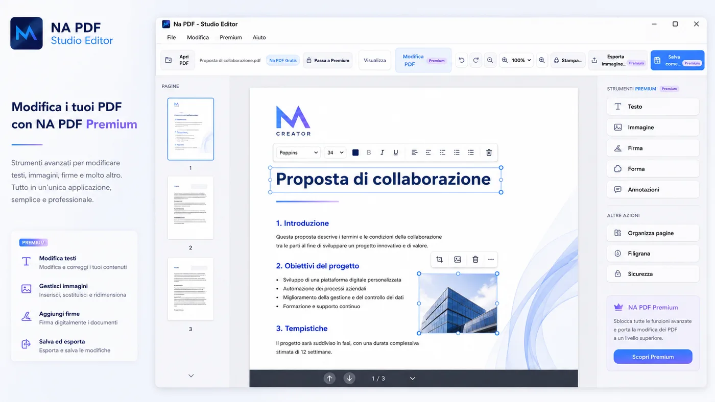 Strumenti di modifica PDF disponibili in NA PDF Premium