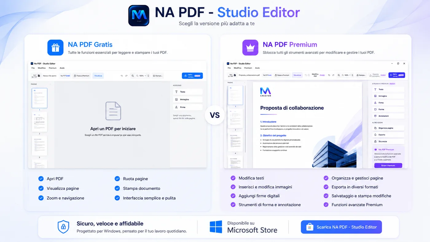 Confronto tra versione gratuita e versione Premium di NA PDF - Studio Editor
