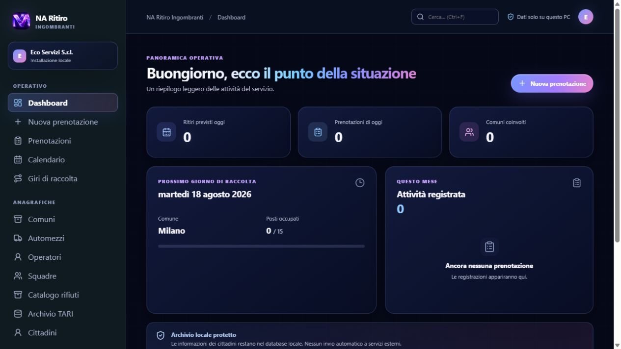 Dashboard di NA Ritiro Ingombranti con riepilogo delle attività operative