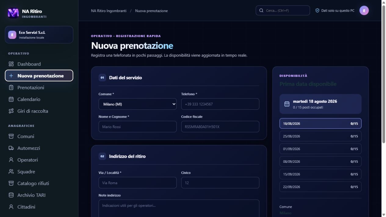 Schermata per inserire una nuova prenotazione di ritiro ingombranti