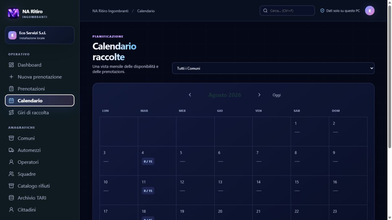 Calendario mensile con disponibilità, capacità e prenotazioni