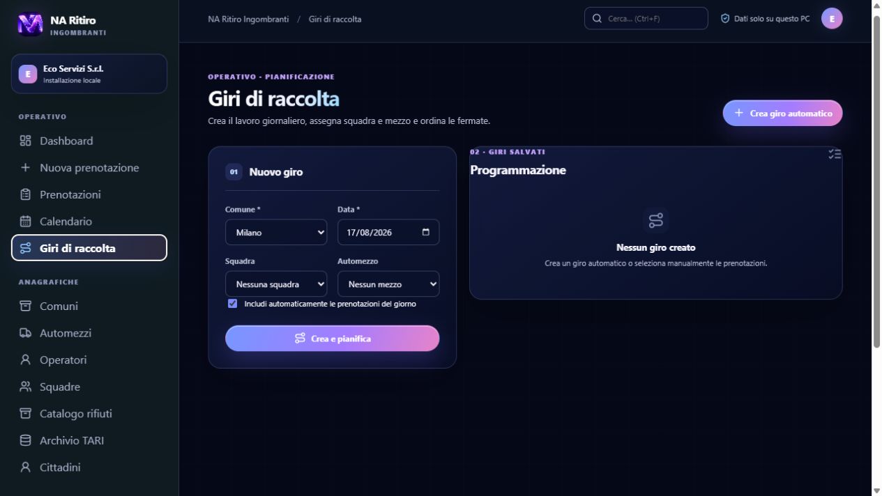 Pianificazione dei giri di raccolta con squadra, automezzo e prenotazioni