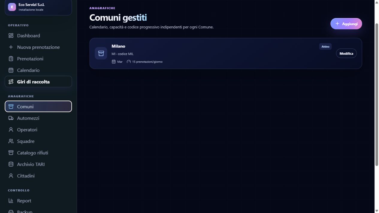 Gestione dei Comuni con giorni di raccolta, limiti e capacità