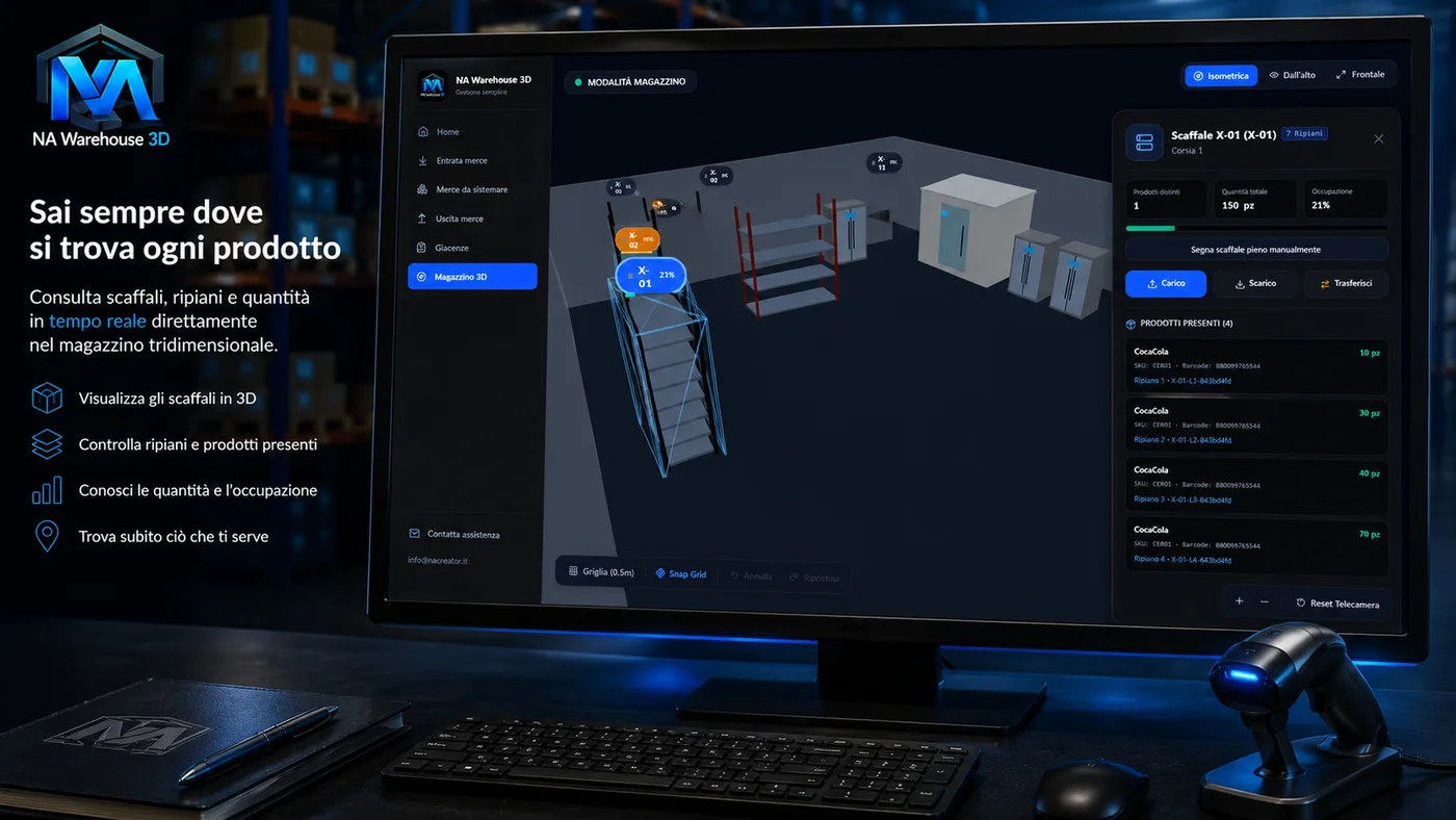 Consultazione di scaffali, ripiani e quantita in NA Warehouse 3D