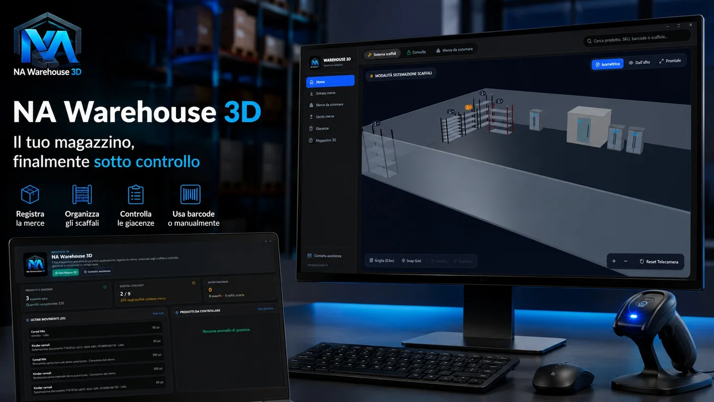 Interfaccia di NA Warehouse 3D con scaffali, prodotti e magazzino tridimensionale
