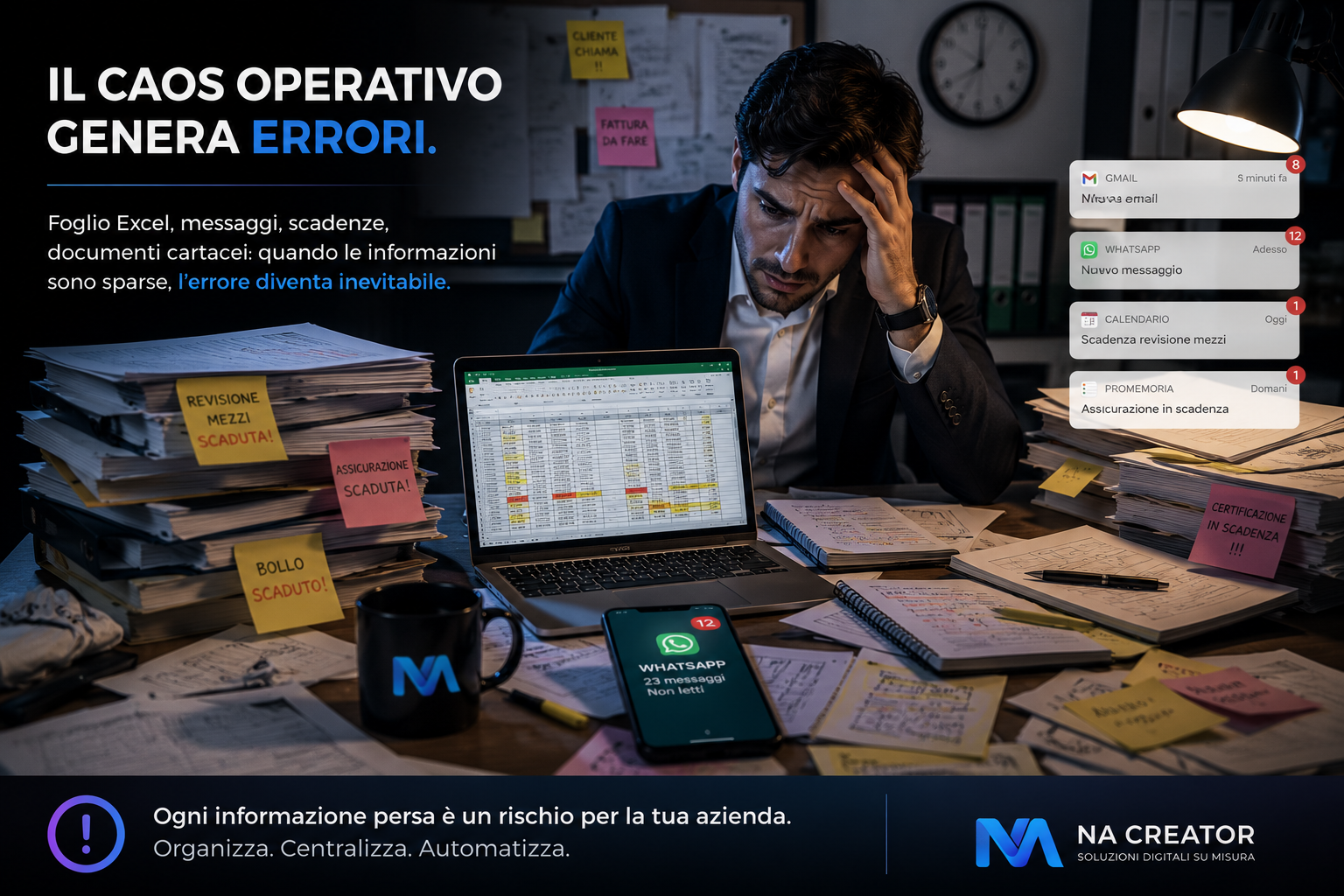 Scrivania disordinata con fogli, Excel e comunicazioni sparse che generano errori aziendali