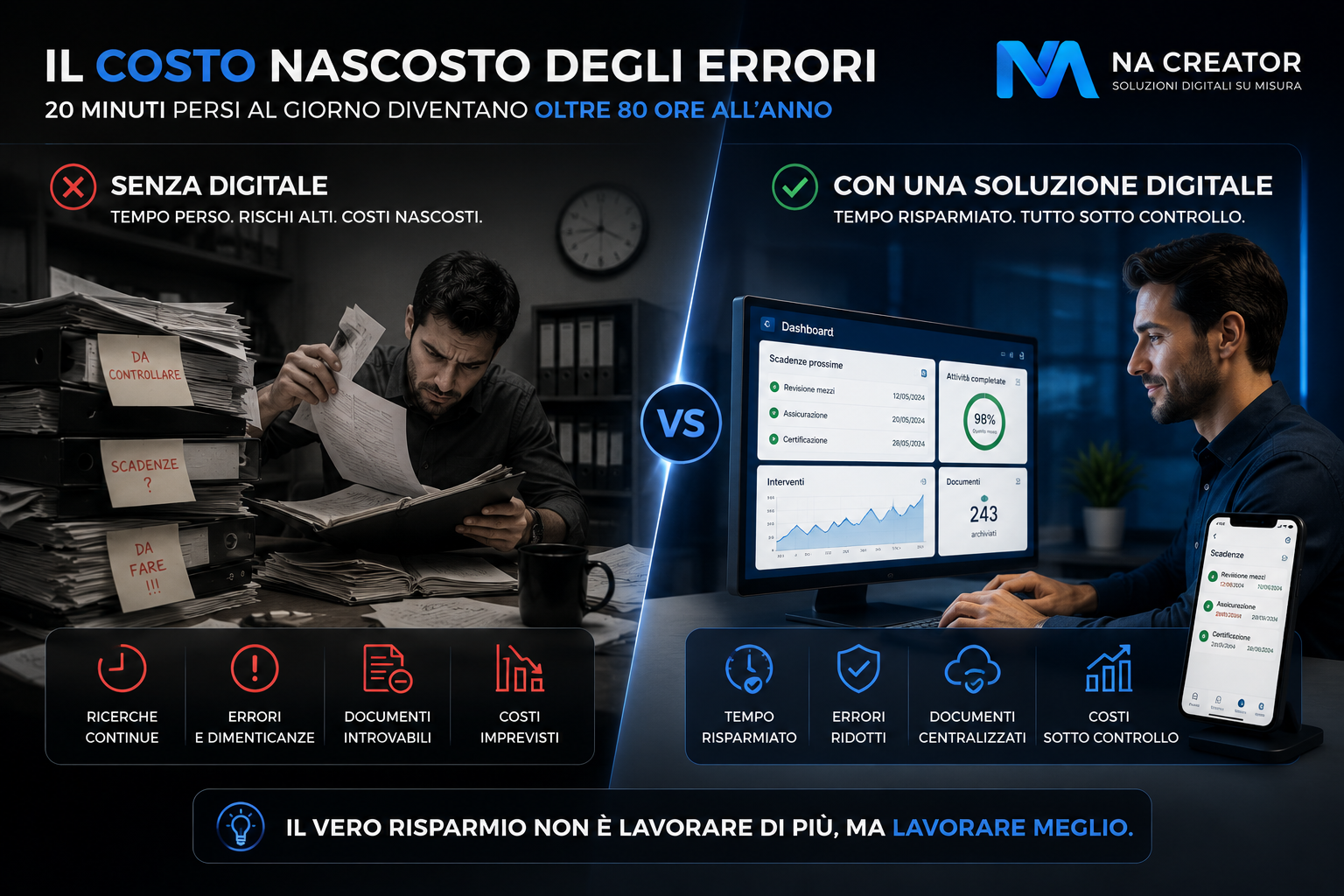 Confronto tra lavoro manuale e sistema digitale che evidenzia il costo nascosto delle inefficienze aziendali